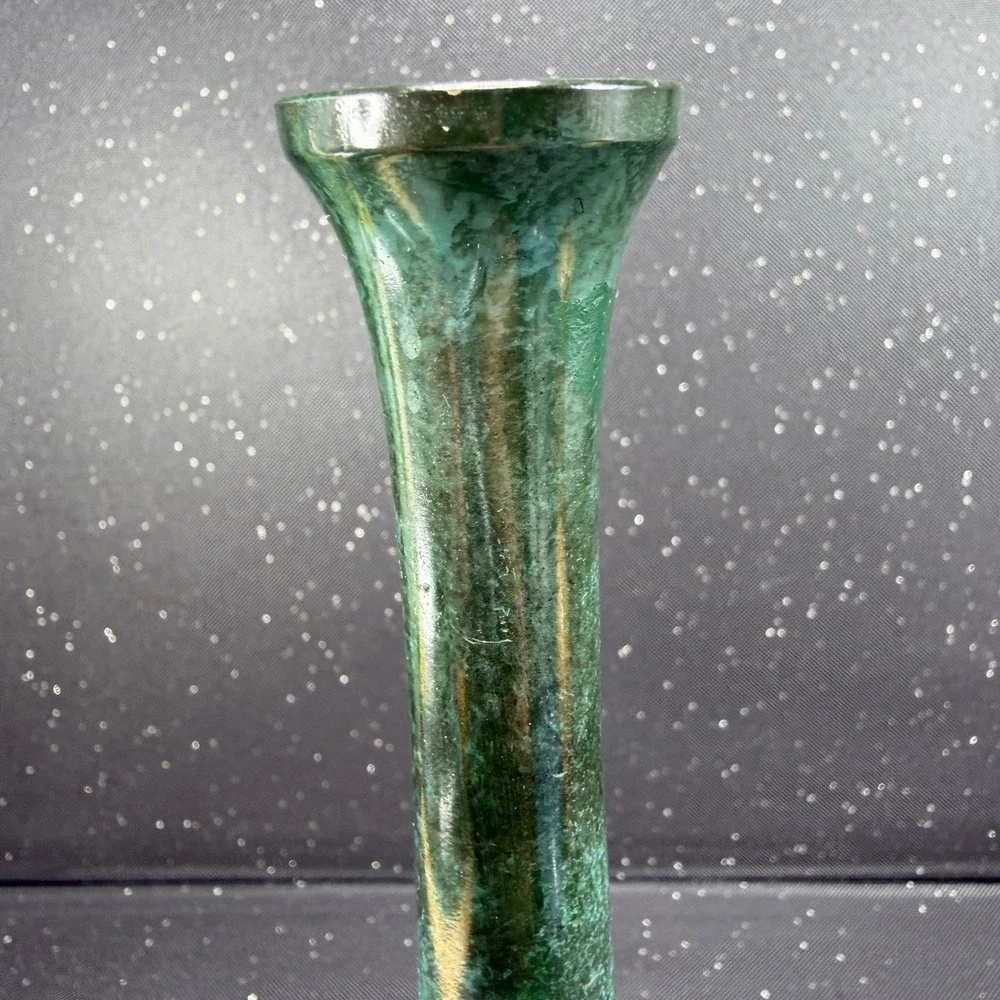 Vintage 1967 Japanese Verdigris Bud Vase Long Neck Mid Century Modern 9.5Inch
